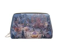 Trousse de maquillage en cuir avec fermeture éclair, idéale pour les cosmétiques et les articles de toilette Motif scène hivernale, doré, Taille unique