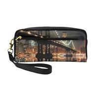 Trousse de maquillage en cuir avec fermeture éclair imprimée New York Manhattan Bridge Night pour femme et maman, élégante et portable, cadeau mignon, trousse de toilette de voyage, Noir , Taille
