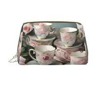 Trousse de maquillage en cuir avec imprimé cornichons à sushi et aneth pour femme, pochette de maquillage pour sac à main, Tasses à thé avec roses romantiques, One Size