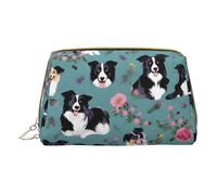 Trousse de maquillage en cuir avec imprimé turquoise turquoise vif pour sac à main, pochette cosmétique, pochette de toilette pour femme, Border Collie Florals, One Size