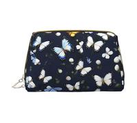 Trousse de maquillage en cuir avec imprimé turquoise turquoise vif pour sac à main, pochette cosmétique, pochette de toilette pour femme, Fleurs blanches avec papillons bleus, One Size