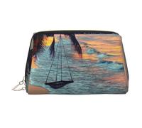 Trousse de maquillage en cuir avec motif de coco, motif hamac de coucher de soleil pour femme, sac de maquillage portable avec fermeture éclair dorée, Coco Beach Sunset Hamac, One Size, Trousse de