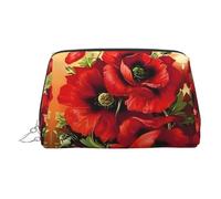 Trousse de maquillage en cuir doré - Belle trousse de maquillage de voyage avec imprimé coquelicot rouge, organiseur de toilette portable, pochette à fermeture éclair pour un usage quotidien, Argenté