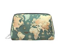 Trousse de maquillage en cuir doré - Carte du monde rétro avec poignée et fermeture éclair - Parfaite pour un usage quotidien, Argenté., Taille unique