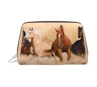 Trousse de maquillage en cuir doré - Cheval qui coure dans le désert - Imprimé tempête de sable - Trousse de toilette portable - Pochette à fermeture éclair pour un usage quotidien, Argenté., Taille