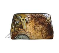 Trousse de maquillage en cuir doré - Compas et carte du vieux monde imprimées - Trousse de maquillage de voyage pour femme, petit organisateur avec poignée, pochette à fermeture éclair, Argenté