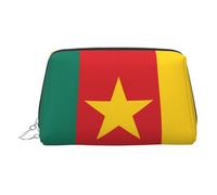 Trousse de maquillage en cuir doré - Imprimé drapeau du Cameroun - Trousse de toilette portable - Pochette à fermeture éclair pour un usage quotidien, Argenté., Taille unique