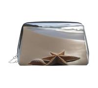 Trousse de maquillage en cuir doré - Imprimé étoiles de mer, coquillages, plage de sable - Organiseur de voyage avec poignée et fermeture éclair - Parfaite pour un usage quotidien, Argenté., Taille