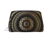 Trousse de maquillage en cuir doré - Imprimé mandala kaléidoscope - Trousse de toilette portable - Pochette à fermeture éclair pour un usage quotidien, Argenté., Taille unique