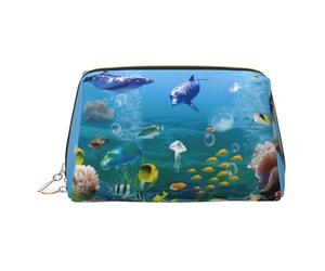 Trousse de maquillage en cuir doré - Imprimé monde marin - Trousse de toilette portable - Pochette à fermeture éclair pour un usage quotidien, doré, Taille unique