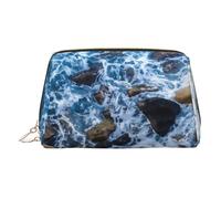 Trousse de maquillage en cuir doré - Imprimé pierres de mer - Trousse de toilette portable - Pochette à fermeture éclair pour un usage quotidien, doré, Taille unique
