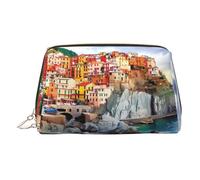 Trousse de maquillage en cuir doré - Motif paysage Cinque Terre - Trousse de toilette portable - Pochette à fermeture éclair pour un usage quotidien, doré, Taille unique