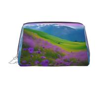 Trousse de maquillage en cuir doré - Motif paysage de prairie et montagne avec poignée et fermeture éclair - Parfaite pour un usage quotidien, Argenté., Taille unique