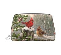 Trousse de maquillage en cuir doré - Oiseau rouge houx et baies - Sacs cosmétiques de voyage - Organiseur de toilette portable - Pochette à fermeture éclair pour un usage quotidien, Argenté., Taille