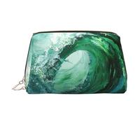 Trousse de maquillage en cuir doré - Organisateur de cosmétiques de voyage avec poignée et fermeture éclair - Parfaite pour un usage quotidien - Motif vagues vert océan, doré, Taille unique