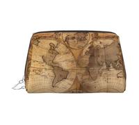 Trousse de maquillage en cuir doré - Trousse de maquillage de voyage vintage avec imprimé carte du vieux monde, organiseur de toilette portable, pochette à fermeture éclair pour un usage quotidien