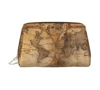 Trousse de maquillage en cuir doré - Trousse de maquillage de voyage vintage avec imprimé carte du vieux monde, organiseur de toilette portable, pochette à fermeture éclair pour un usage quotidien