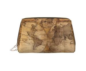 Trousse de maquillage en cuir doré - Trousse de maquillage de voyage vintage avec imprimé carte du vieux monde, organiseur de toilette portable, pochette à fermeture éclair pour un usage quotidien