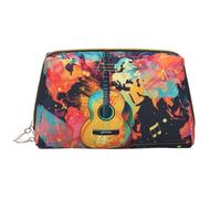 Trousse de maquillage en cuir, illustration carte du monde guitare, trousse de toilette de voyage pour femme, trousse de maquillage, grande capacité, trousse de maquillage mignonne, trousse de