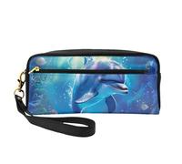 Trousse de maquillage en cuir imprimé dauphin mignon avec dragonne, trousse de toilette de voyage portable pour femme, Noir , Taille unique, Trousse de maquillage