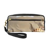 Trousse de maquillage en cuir imprimé plage coquillage sable avec dragonne Portable Voyage Trousse de toilette Sac organisateur cosmétique pour femme, Noir , Taille unique, Trousse de maquillage