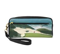 Trousse de maquillage en cuir imprimé sur le terrain de golf avec dragonne pour femme, Noir , Taille unique, Trousse de maquillage