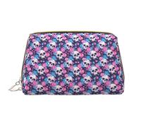 Trousse de maquillage en cuir, motif tête de mort, fleur, bleu, rose, trousse de toilette de voyage pour femme, trousse de maquillage, grande capacité, jolie trousse de maquillage