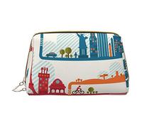 Trousse de Maquillage en Cuir Portable Minimaliste et élégante, Trousse à cosmétiques imprimée Ville Touristique pour Filles et Femmes - Petite Taille