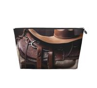 Trousse de maquillage en cuir pour femme, trousse de toilette de voyage, selle de cheval avec chapeau de cowboy, grande trousse de maquillage sauvage avec fermeture éclair, Argenté., Taille unique