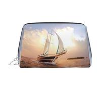 Trousse de maquillage en cuir PVC avec voilier blanc au coucher du soleil, Argenté., One Size
