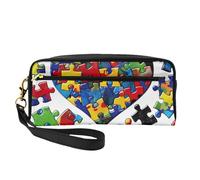 Trousse de maquillage en cuir synthétique avec bracelet pour sensibilisation à l'autisme - Motif cœur - Pour femme, Noir , Taille unique, Trousse de maquillage