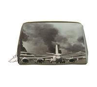 Trousse de maquillage en cuir synthétique imprimé Jet Fighter avec poche zippée - Organiseur compact pour voyage/sac à main, blanc, Taille unique