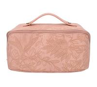 Trousse de maquillage en cuir synthétique rose de grande capacité avec ouverture à 180 degrés, séparateur plat pour voyage, articles de toilette et essentiels de beauté