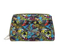 Trousse de maquillage en cuir, trousse de toilette de voyage moderne graffiti Q version Q, trousse de toilette de voyage pour femme, trousse de maquillage de grande capacité, trousse de maquillage