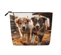 Trousse de maquillage en faux lin avec imprimé chiot - Grande capacité - Parfaite pour les voyages et un usage quotidien, Noir , Taille unique
