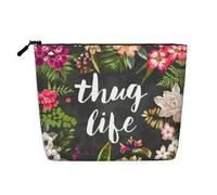 Trousse de maquillage en faux lin avec imprimé fleurs Thug Life - Grande capacité - Organiseur de soins personnels - Convient pour diverses occasions