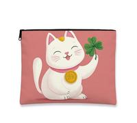 Trousse de maquillage en forme de chat porte-bonheur avec fermeture éclair en forme de trèfle pour femme, petit organisateur de voyage, cadeau amusant pour la Saint-Patrick, pêche, 7x9 Inch, Chat