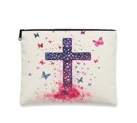 Trousse de maquillage en forme de croix aquarelle, étoiles et papillons éthérés pour femme, petite pochette portable en toile à fermeture éclair, cadeau d'église, trousse de toilette, violet, 7x9 Inch