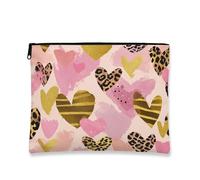 Trousse de maquillage en forme de cœurs abstraits, imprimé animal doré pêche pour femme, pochette de voyage portable en toile avec fermeture éclair, cadeau de Saint-Valentin, pêche, 7x9 Inch, Cœurs