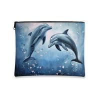 Trousse de maquillage en forme de dauphin, jolie créatures océaniques, pochette de voyage pour femme, petite trousse de toilette portable en toile avec fermeture éclair, cadeau océan, bleu, 7x9 Inch
