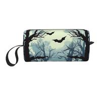 Trousse de maquillage en forme de forêt pleine lune résistante à l'eau pour femmes et hommes - Pochette de rangement pour chauve-souris d'Halloween avec fermeture éclair - Petit sac à outils portable