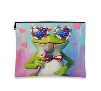 Trousse de maquillage en forme de grenouille patriotique - Motif cœur et lunettes de soleil rétro - Pop Art - Pour femme - Portable - Petite toile - Fermeture éclair - Cadeau d'été - Trousse de