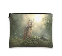 Trousse de maquillage en forme de hibou, forêt enchantée, pochette de voyage pour femme, petite trousse portable en toile avec fermeture éclair, pour les amoureux de la nature, vert, 7x9 Inch