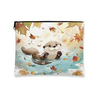 Trousse de maquillage en forme de loutre avec motif animal mignon pour femme, petite pochette portable en toile à fermeture éclair, cadeau d'automne pour soins de la peau, marron, 7x9 Inch