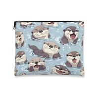 Trousse de maquillage en forme de loutre mignonne, pochette de voyage pour femme, petite pochette portable en toile à fermeture éclair, trousse de toilette d'été, bleu, 7x9 Inch, Loutre