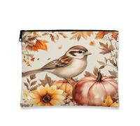 Trousse de maquillage en forme de moineau d'automne amusante avec motif d'oiseau, citrouilles d'automne et de feuilles, pochette de voyage portable pour femmes et filles, petite toile à fermeture