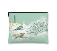 Trousse de maquillage en forme de mouette côtière côtière, vintage, vagues de l'océan, pochette de voyage pour femme, petite trousse de toilette portable en toile à fermeture éclair, trousse de