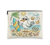 Trousse de maquillage en forme de mouette mignonne avec coquillages de plage côtière, pochette de voyage pour femme, cadeau pour filles, petite toile tropicale, organiseur à fermeture éclair, 17,8 x