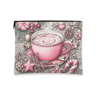 Trousse de maquillage en forme de tasse de Noël, pêche, cacao chaud, vintage, pochette de voyage pour femme, petite trousse de toilette portable en toile avec fermeture éclair, pêche, 7x9 Inch, Tasse