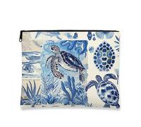 Trousse de maquillage en forme de tortue océanique, motif créatures de l'océan bleu, pochette de voyage vintage pour femme, petite pochette portable en toile avec fermeture éclair, cadeau de plage